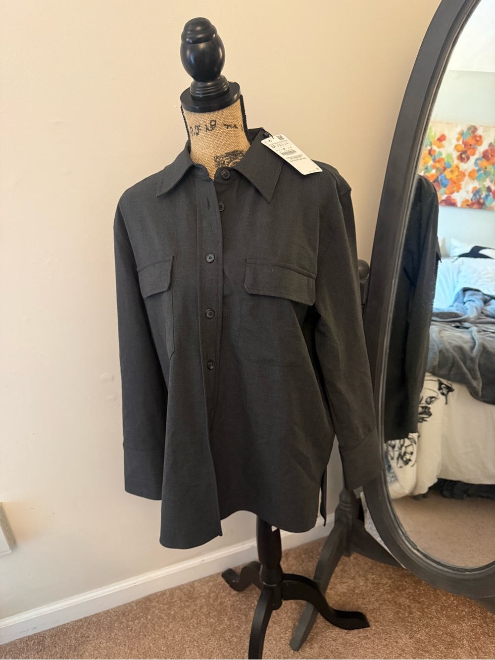 Zara Oversized Button-Up Shirt Black Charcoal Long Sleeve Size M NW